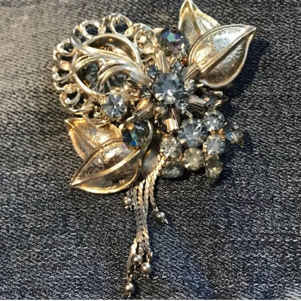 Silver and Light Blue Flora Beaded Brooch Pin